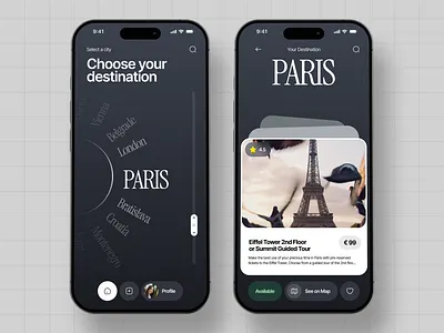Travel - Mobile app app city destination discover find ios location map place select selection slider town travel ui ux