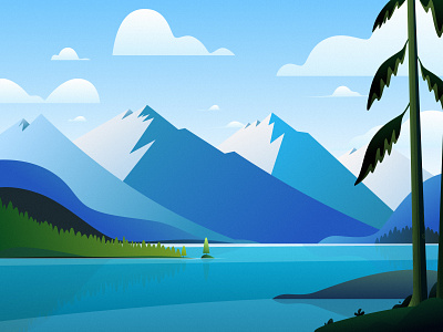 landscape blue cloud design digital art digital illustration draw geography green illustration lake landscape mountain nature painting sky tree vector vector illustration wallpaper yellow