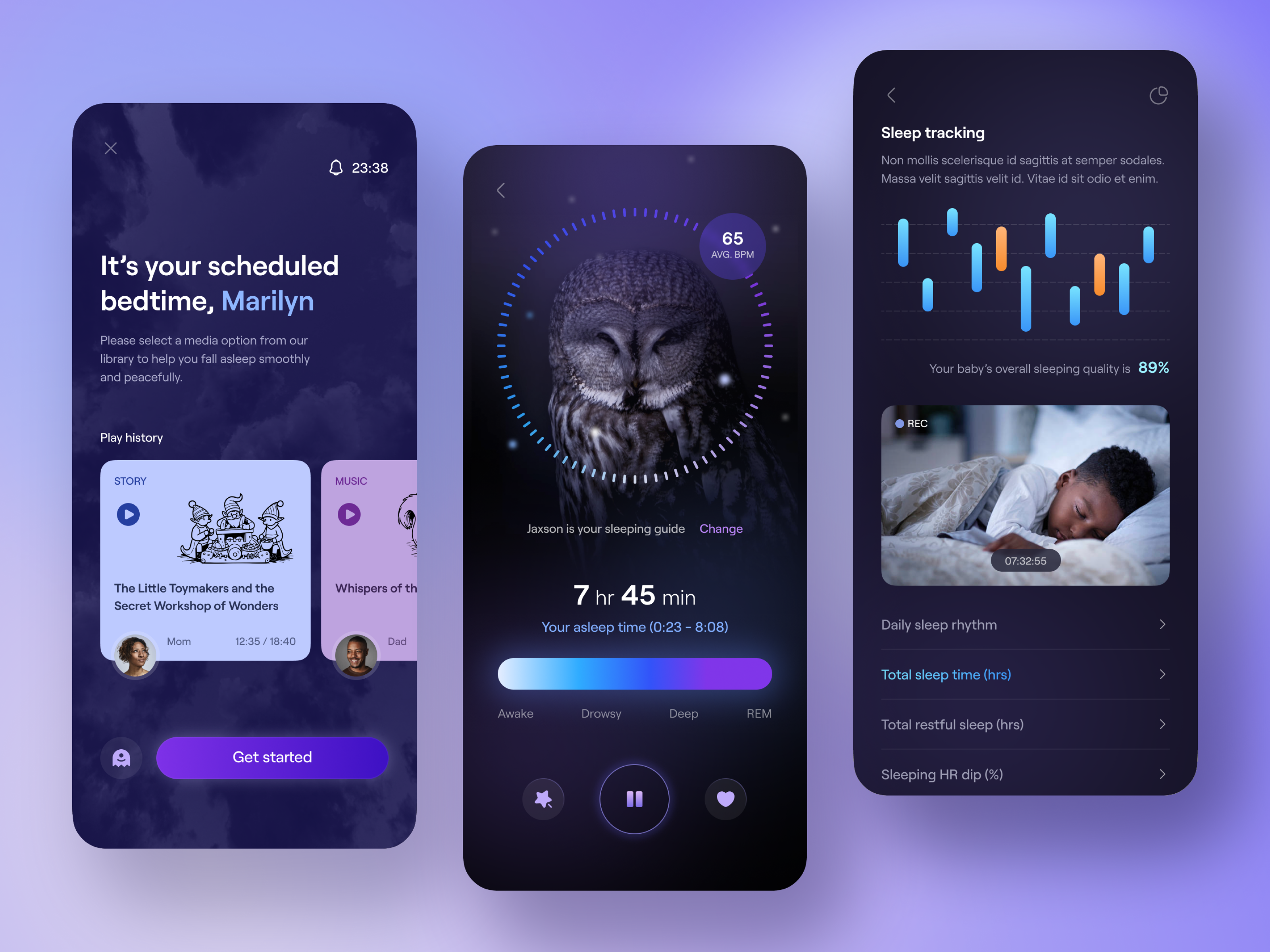 Sleep Tracker App app design calendar camera chart dark data health kid mobile app mobile design monitor music sleep story time track