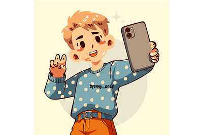 Boy Taking a Selfie with a Mobile Phone character citizen communication device gadgets mobile modern people phone photographer portrait pose self selfie smartphone society take tech technology telephone