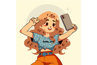 Cartoon Girl Holding a Phone character citizen communication device gadgets mobile modern people phone photographer portrait pose self selfie smartphone society take tech technology telephone