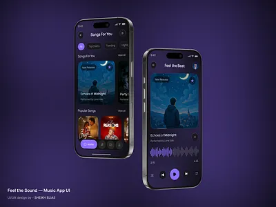 Feel the Sound – Music App UI Design app interface application ui dark theme interaction design mobile app modern app ui music music app music mobile design music player product design singers song ui user experience ux