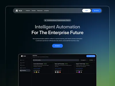 Nex - AI Hyperautomation Landing Page 3d ai clean dashboard design hyperautomation landing page minimalist popular saas technology ui ux website design