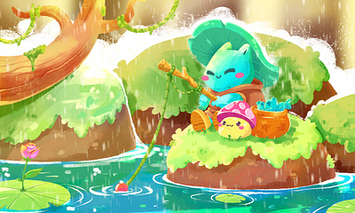 Rainy Day Fishing animation branding cartoon cartoon character children book children illustration cozy scene creature design forest creature graphic design illustration kid book art logo procreate rainy art story telling art ui watercolor illustration