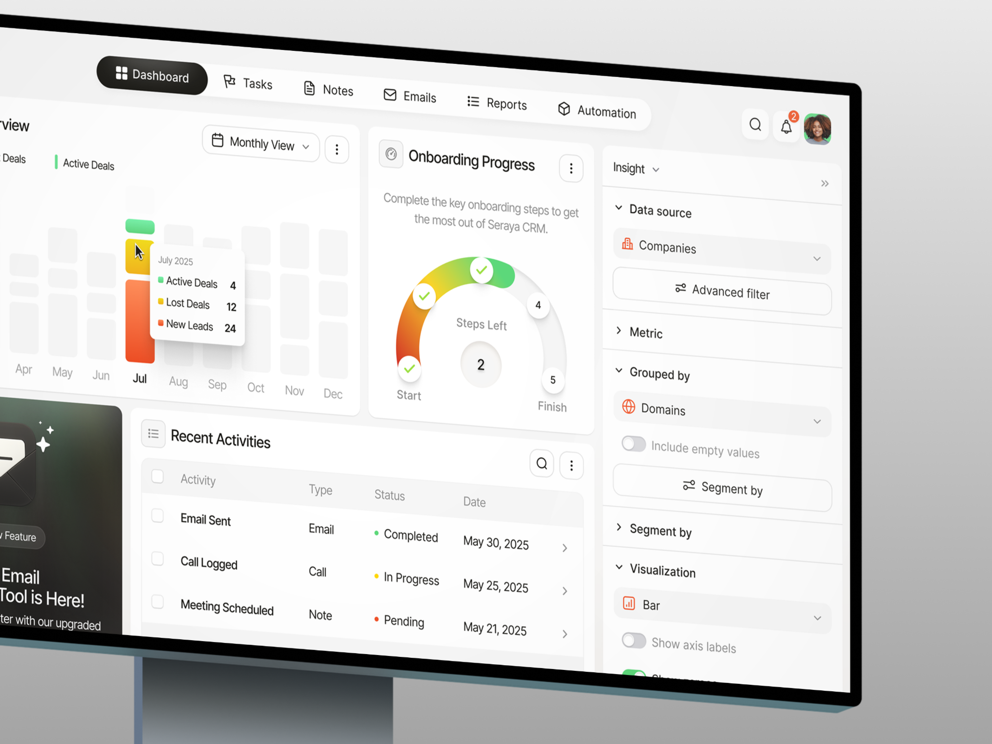 Seraya - CRM dashboard analytics automation cansaas clean crm dashboard design email interface minimalist product design productivity saas sales task tracking ui ux