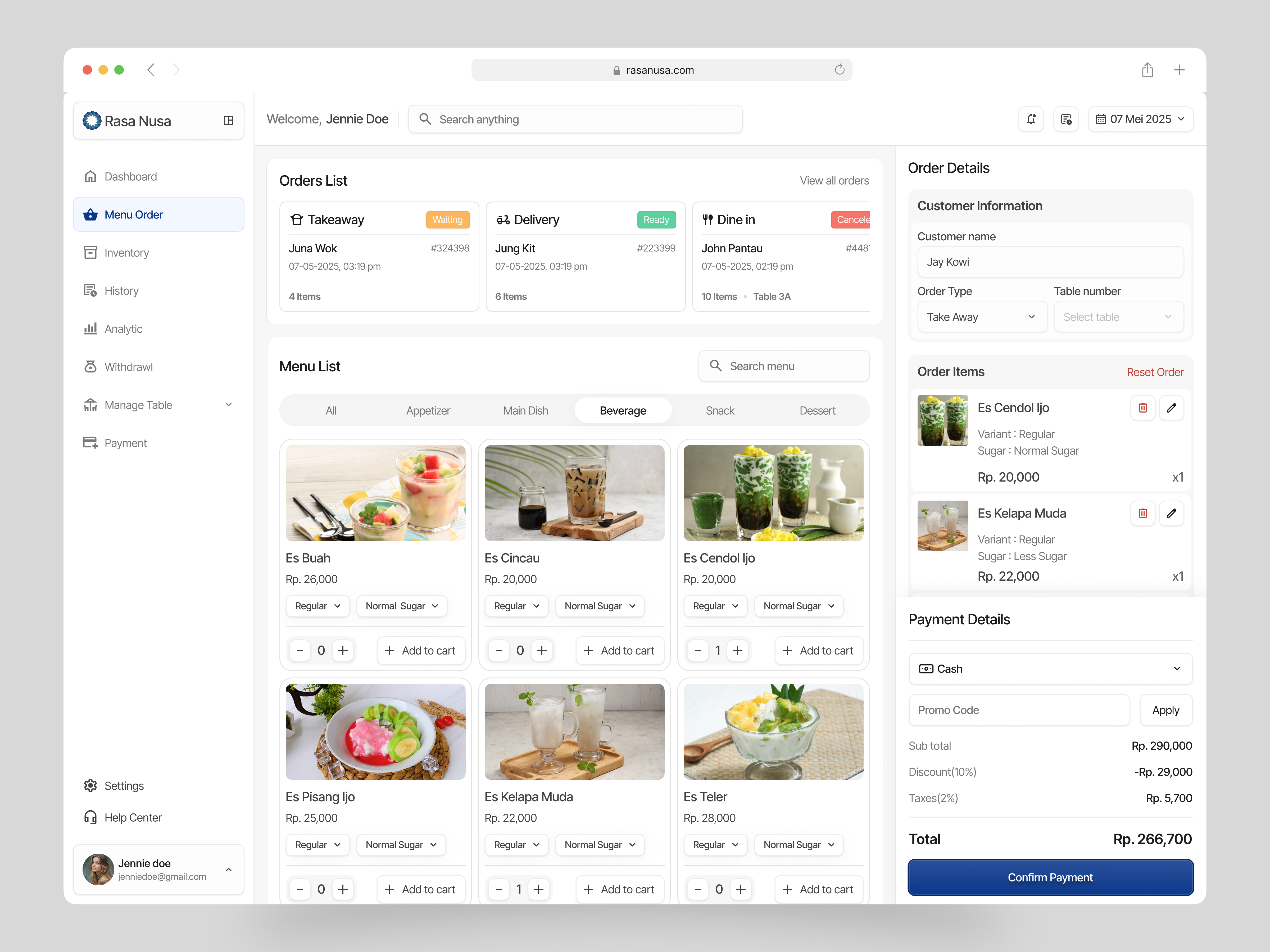 Rasa Nusa - POS Dashboard admin beverage cart clean cooking customer food management market market place order payment point of sale pos product design restaurant shop summary table ui