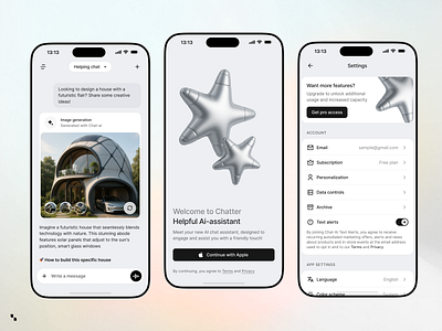 Ai-assistant GPT-base Agent 3d aiapp aiassistant app appdesign chat chatui clean cleanui design designsystem interface minimalui mobile onboarding productdesign saas settings ui ux