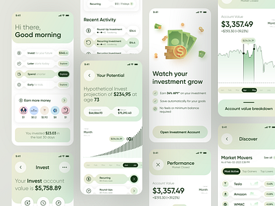 Smart Investment App UI Design — Track, Grow, and Discover app design banking app crypto digital banking finance app financial app fintech ui investment app design ios mobile ui money management personal finance stocks trading ui ui inspirations uiux ux uxui wallet