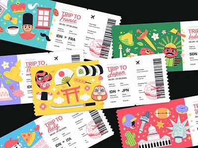 World Tour Tickets cartoon colorful design flat graphic design illustration playful ticket ticket design tour vector vibrant world