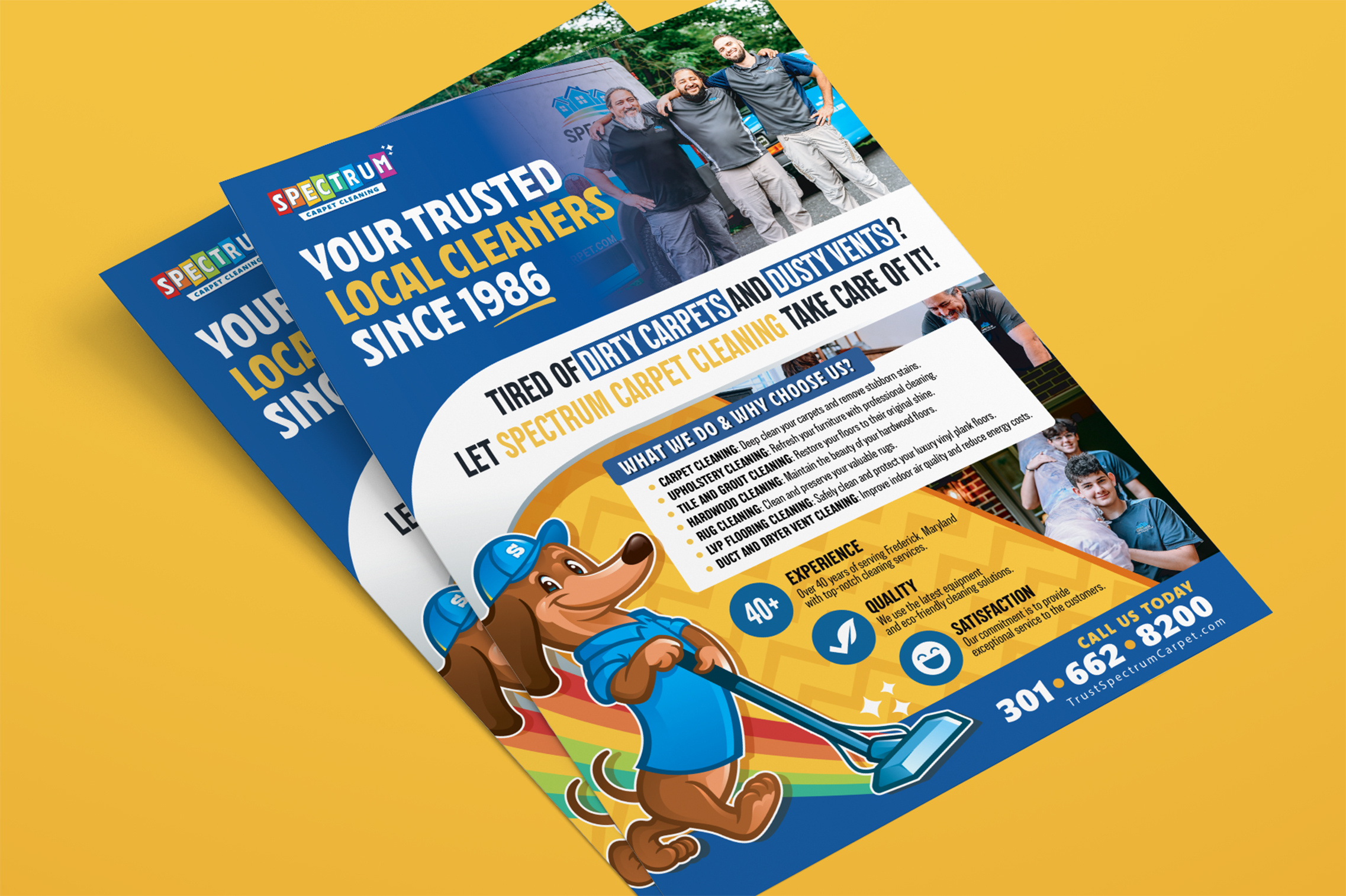 SPECTRUM CARPET CLEANING Brand Identity bold branding brochures carpetcleaninglogo contractorlogo electricianlogo flyers graphic design homeimprovementbranding homeservicebranding hvac hvaclogo logo mascotlogo plumbinglogo prints vehiclewrap