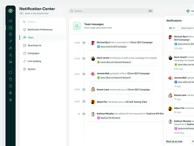 Notification Center page for a saas app notification product design saas web app