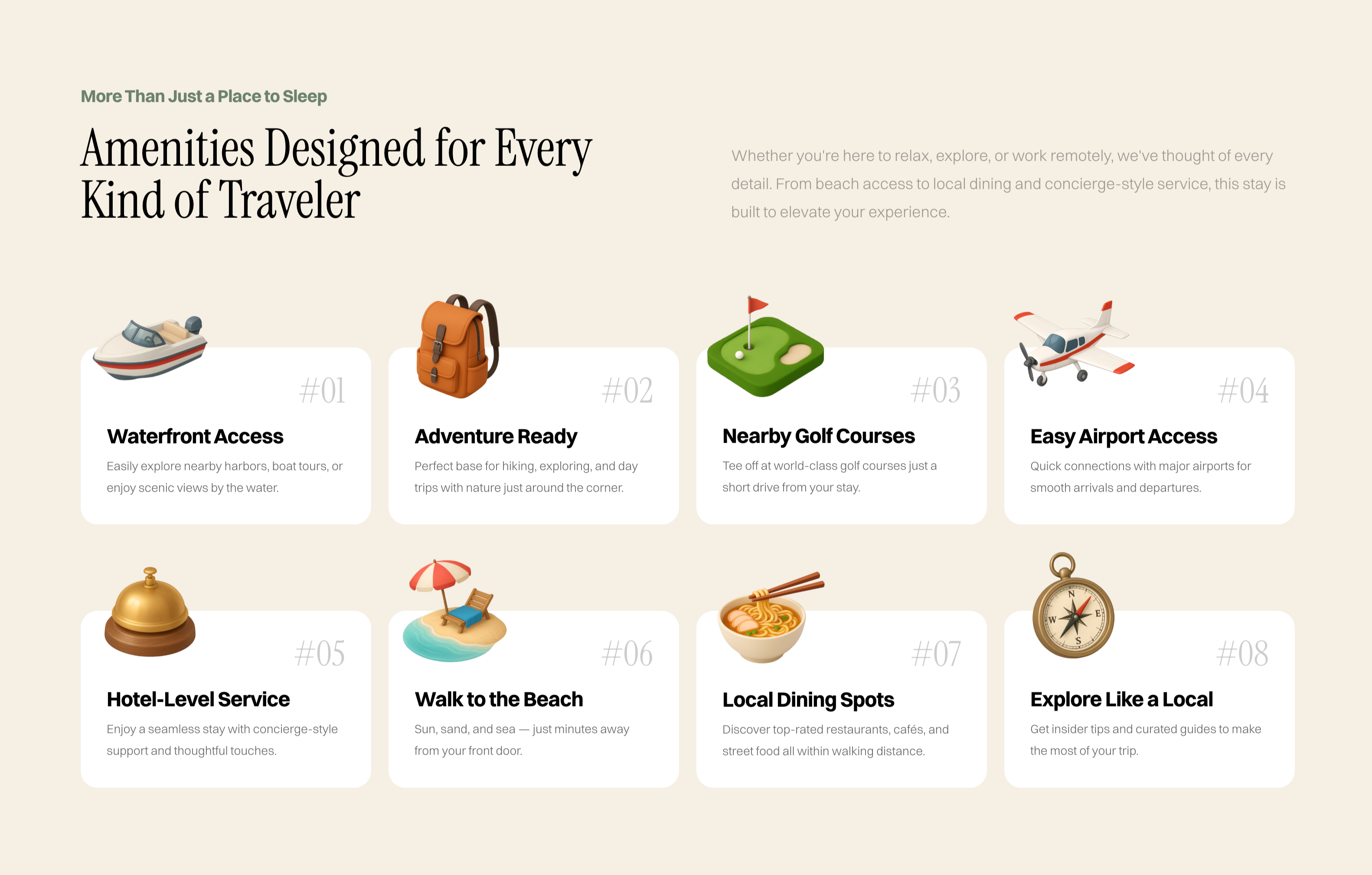 Facilities section for real estate business Framer template 3d 3d icon airbnb apartment cards framer graphic design home icon landing real estate ui webdesign website