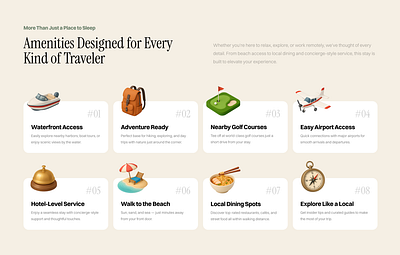 Facilities section for real estate business Framer template 3d 3d icon airbnb apartment cards framer graphic design home icon landing real estate ui webdesign website