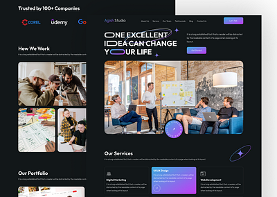 Turning Bold Ideas into Digital Success animated landing page branding business website design design studio designinspiration digital agency hero section landing page design light dark theme ui marketing website modern web design service page user experience ux ui design web design webdesign webflow design