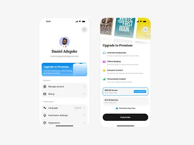 Profile and Paywall/Subscription app design product design ui uiux ux