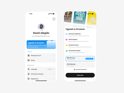 Profile and Paywall/Subscription app design product design ui uiux ux