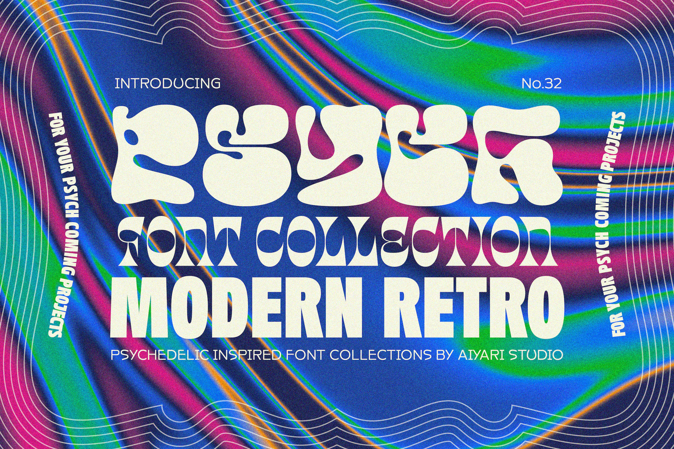 Psych Font Collections aiyari branding display font font bundle font collections fun open type playful psychedelic retro summer font trippy type specimen typeface typography vintage