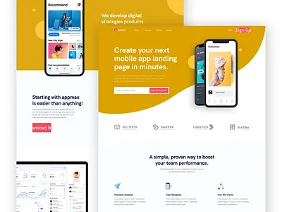 Vibrant Mobile App Landing Page UI for Appmax appshowcase branding cleanui design dribbbleshot dribbbleshots figmadesign graphic design illustration landingpagedesign logo mobileappui productdesign startupdesign ui uidesign uxdesign vector webdesigninspiration