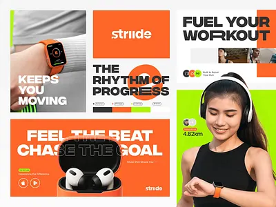 Striide - Workout Music Assistant animation bold brand brand identity branding branding ideas design fitness gadget graphic design green gym logo logo design motion graphics music orange running vektora workout