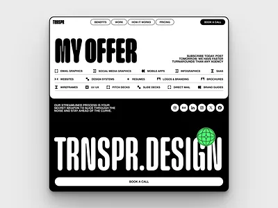 Subscription-Based Design Offer Page | UX/UI Concept for TRNSPR agency animation black and white branding custom graphic design landing page logo lp minimal design motion motion graphics offer page subscription typography ui web design