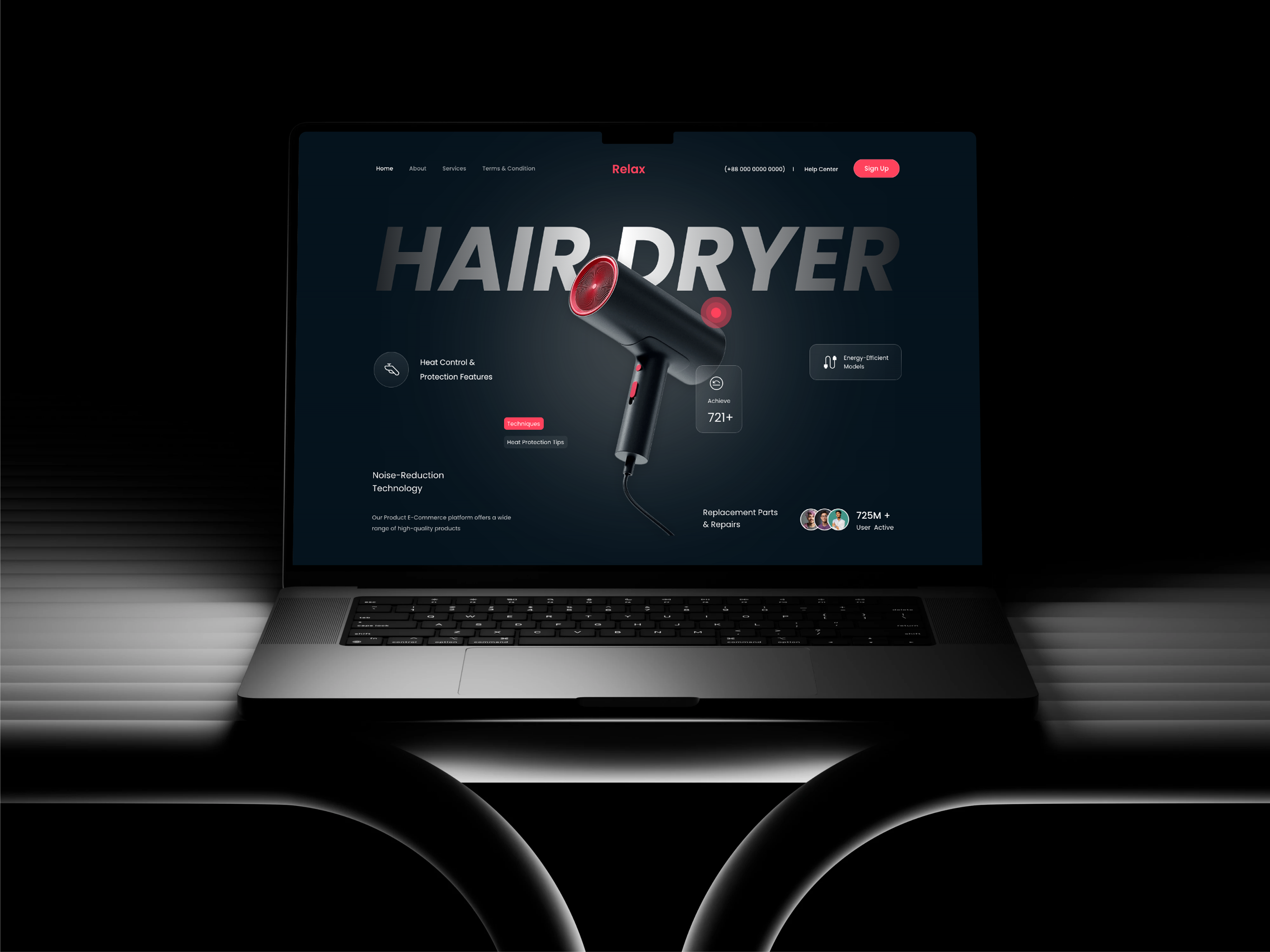 🖤 Relax Hair Dryer – E-Commerce Product Landing Page 3dui dark theme design inspiration ecommercedesign figma hairdryer product product design productshowcase relaxbrand uidesign uxdesign