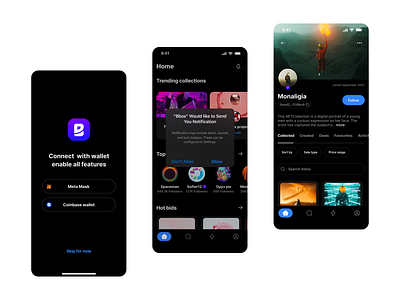 NFT Marketplace App – Dark Mode UI for Seamless Crypto Experienc branding cleandesign cryptodesign cryptowallet darkmodeui design dribbbleinspiration dribbbleshots figmadesign graphic design illustration logo mobileappdesign nftapp nftmarketplace productdesign ui uxuidesign vector web3design