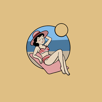 Vintage Beach Scene beach cute decoration flat graphic design holidays illustration ocean poster round sea summer sun vacation vector illustration vintage woman