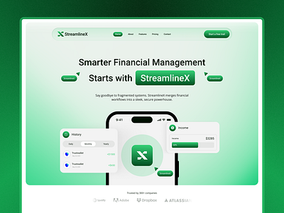 StreamlineX™ Landing Page Design | FinTech Web Design UI/UX app design clean design dashboard ui digital platform financial management financial software fintech green ui landing page modern ui product design responsive design saas design streamlinex app design streamlinex uiux streamlinex web design uiux user experience user interface web design