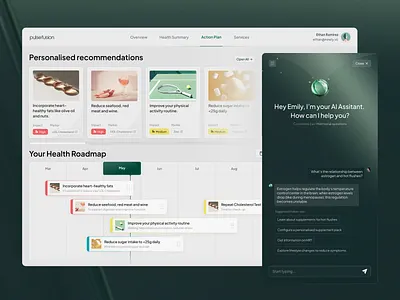 Pulsefusion: personalized health plan action plan ai chatbot application biomarker gradient green health health dashboard healthtech heart roadmap timeline wellness app