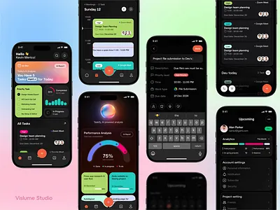 AI-Powered Productivity App — Full Screen Showcase of TaskifyAI ai ai assistant ai powered ai productivity app showcase bold gradients calendar app ui daily planner ui dark mode design dashboard ui design for focus mobile productivity mobile ui design modern interface performance tracker productivity tool smart suggestions task management app task scheduling ux design