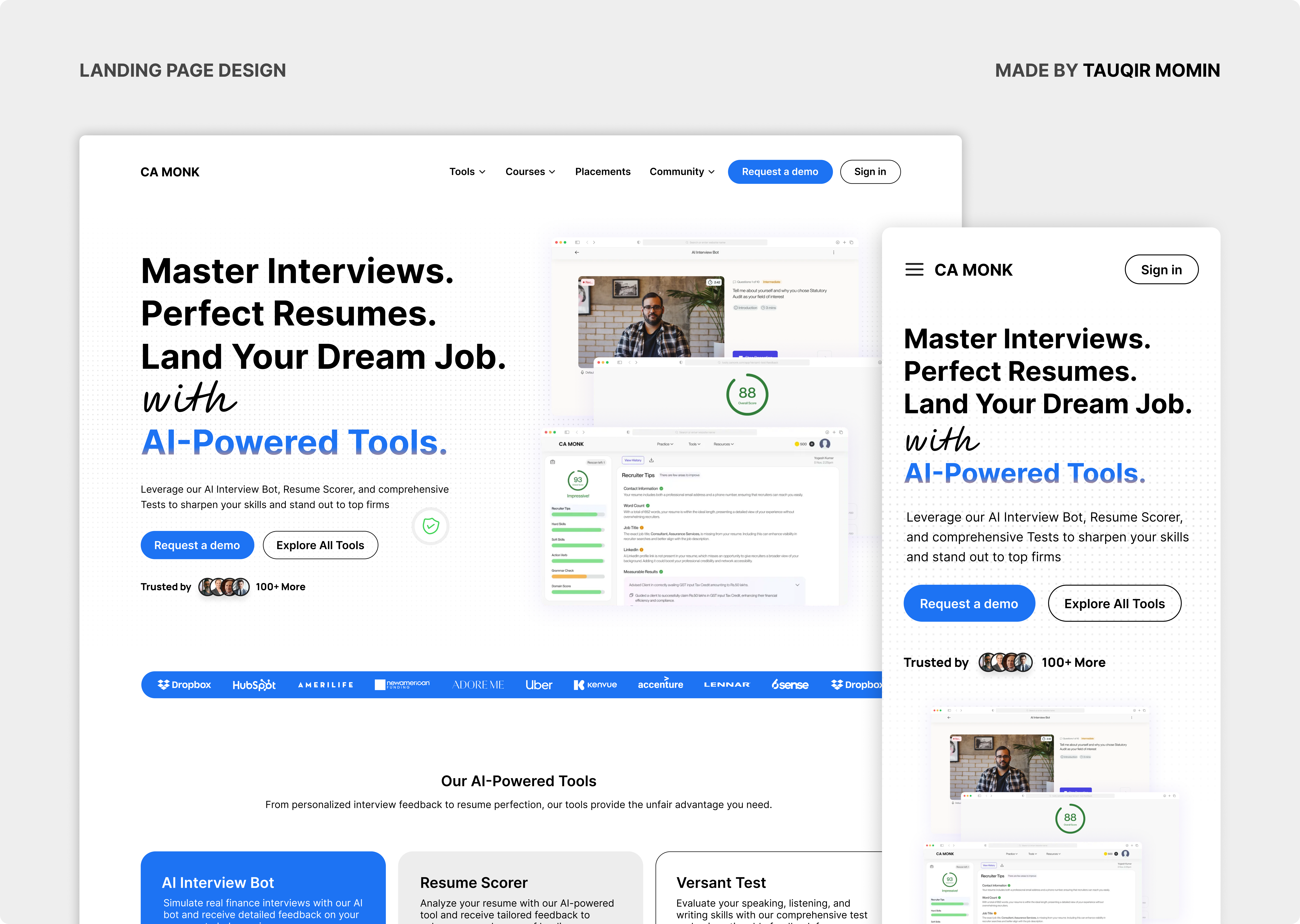 Landing Page Responsive Design ai careertools design figmadesign landing page mobile responsive ui uiux design web design website