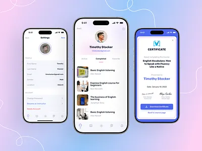 Mobile App for E-learning Platform | Velvot branding course digital education e learning editech education educational platform english learning english platform learning app mobile app mobile design modern design online class online platform study studying ui ui design ux ui