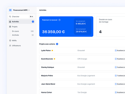 Financing home renovation 🔵 blue dashboard desktop financement navigation renovation saas table ui
