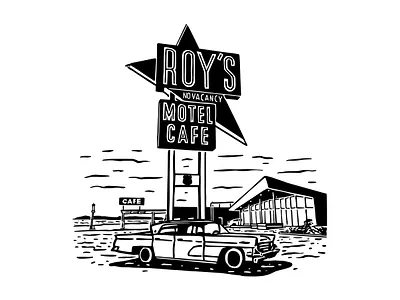 Roy's Motel Cafe Hand Drawn Work black and white branding cafe car classic design graphic design hand drawn hand drawn illustration hand drawn vector illustration motel vector vintage vintage brand vintage design vintage hand drawn vintage illustration vintage style