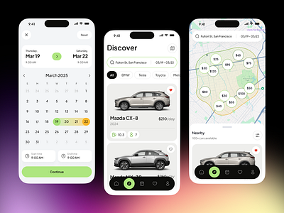 Car Rental Mobile App app booking buy calendar car card dark discover filters gradient list map mobile navbar price rent search selection sell time