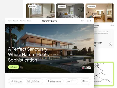 Serenity Grove - Real Estate arcitecture booking concept design destination dream home hotel inspiration landing page liquid glass minimalism modern real estate room simple ui user interface ux web web design