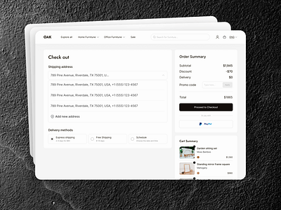 Minimal Checkout Page – Furniture Store UI addaddress address cartsummary checkout checkoutpage cleanui deliverymethod design header intuitivecheckout ordersummary paymentmethod promocode search shippingaddress ui webcheckout