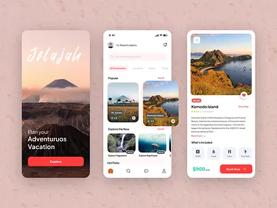 Jelajah App - Travel Tour Destination App adventure adventuruos android destination explore figma homepage indonesia ios jelajah mobile mobile design onboarding red tour travel