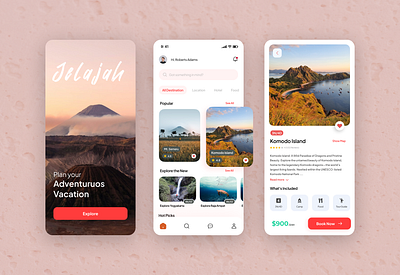 Jelajah App - Travel Tour Destination App adventure adventuruos android destination explore figma homepage indonesia ios jelajah mobile mobile design onboarding red tour travel