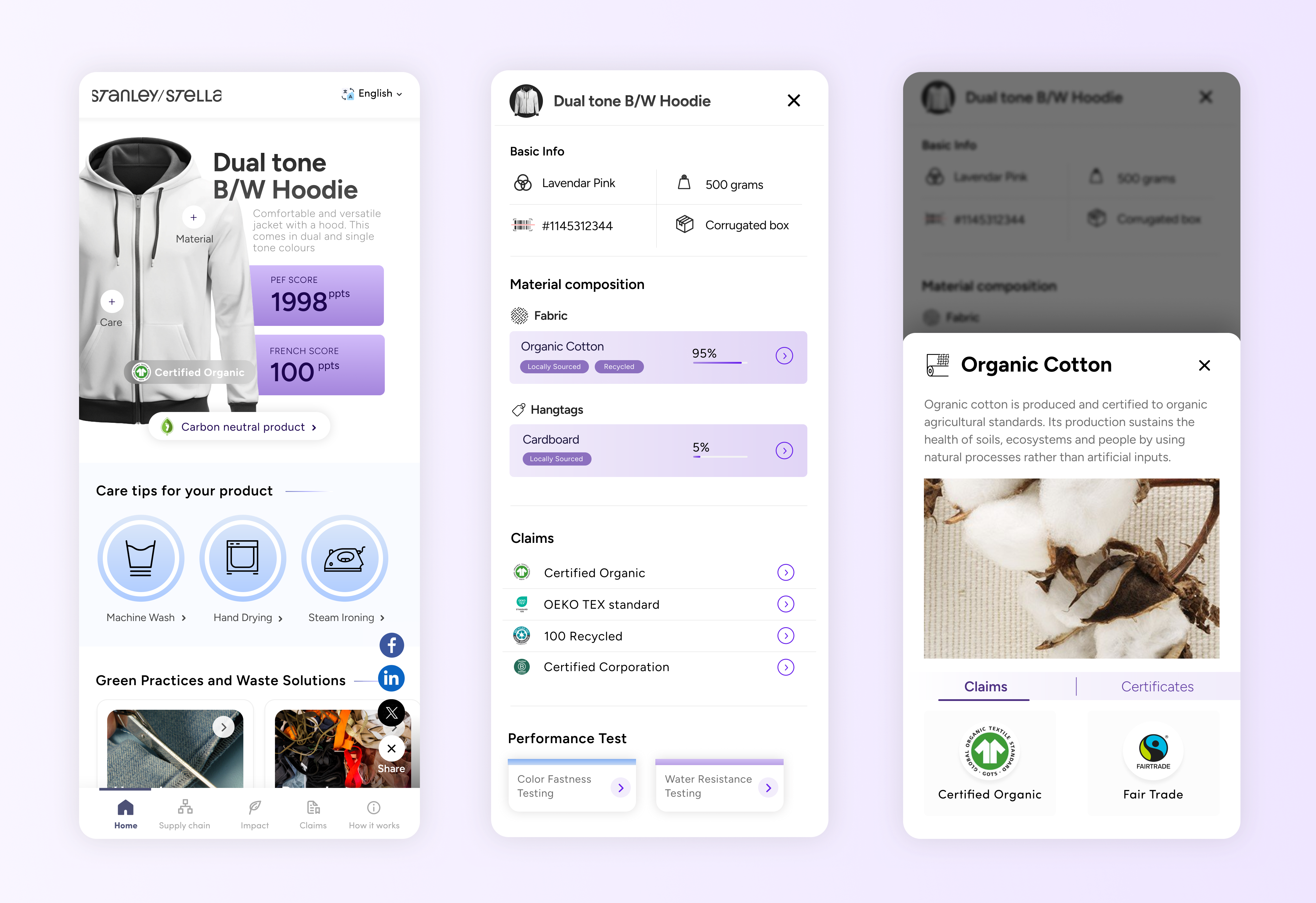 Sustainable product transparency app clothing app clothing design ecommerce app mobile app product product claims product material product supply chain purple and blue ui sustainable product ui design ux design visual design visuals