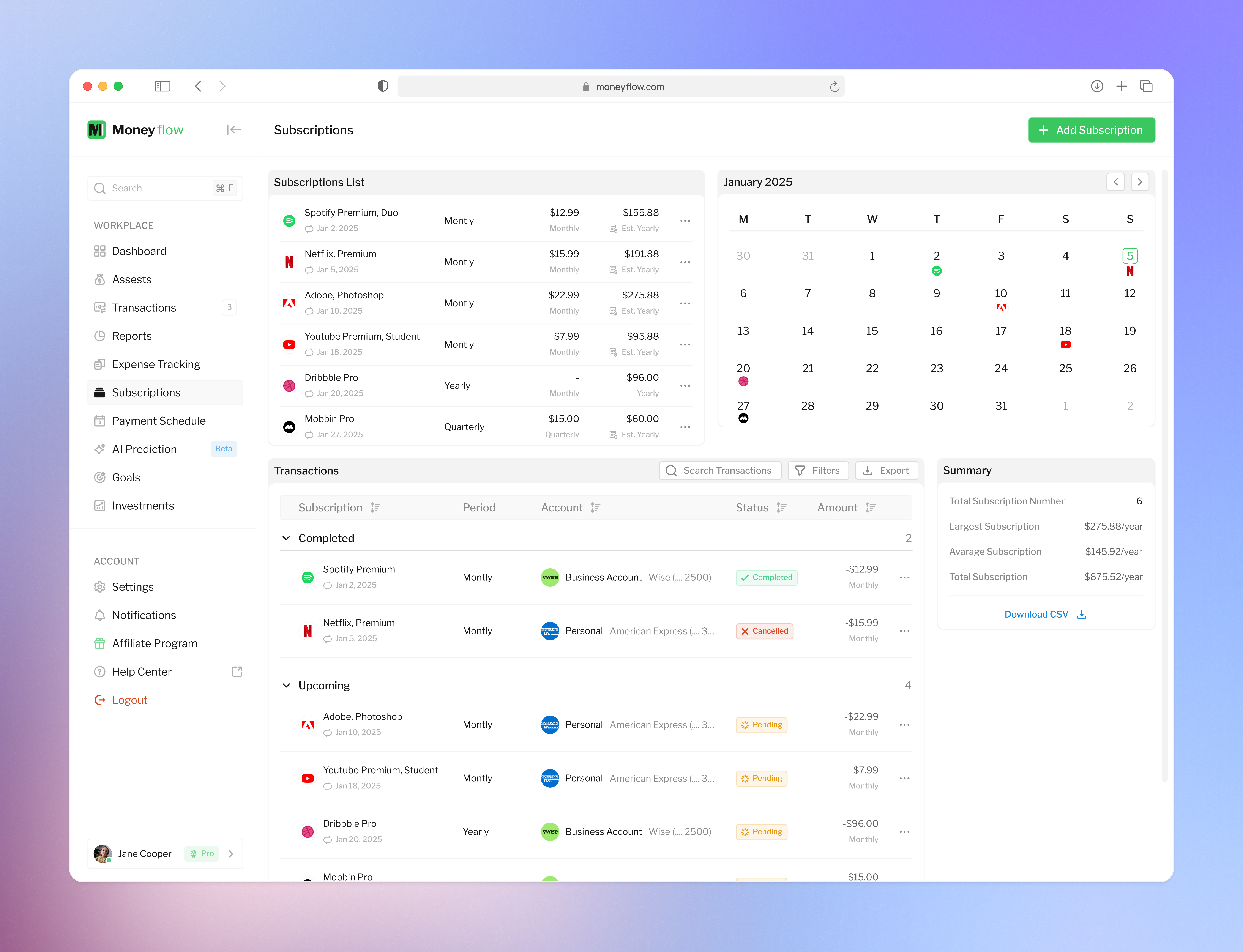 Personal Finance Management Platform, Dashboard, Subscriptions case study cash flow dashboard expense finance ui finance ux fintech investment landing page money payment portfolio subscription ui ui design ux ux case study ux design