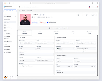 ServiceCall Client Profile: All-in-One Client Management branding card ui crm design card enterprise enterprise service erp field service modern ui mvp design profile details profile page saas saas design saas ui saas ux service design service management trending design uiux saasdesign fieldservice