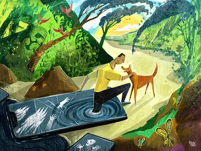 For College of Charleston Magazine - Leave your phone behind cell phone editorial illustratin paradise