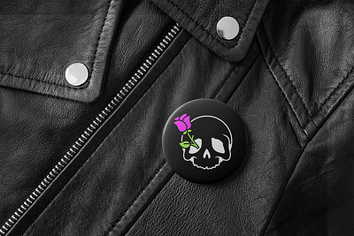 Non-Profit Badge Pin Swag badge biker branding design edgy graphic design leather merch mockup motorcycle jacket non profit pin rose skull