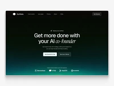 AI cofounder platform homepage ai cta gradient green landing page modern noise partners progressive blur saas ui uiux userexperience webdesign