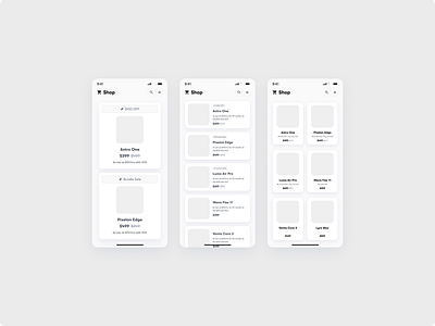 Mobile Shop Wireframe Exploration app card design dailyui e commerce grid view list view mobile app shop shop ux tile uidesign uiux
