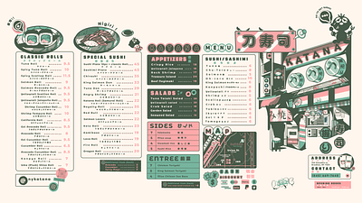 Katana Sushi Shop Menu food illustration illustration japanese food menu design restaurant menu design sushi sushi menu sushi roll sushi shop