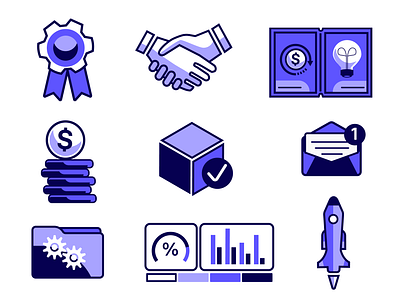 UI Symbols award book cash coins cube e mail handshake icons light bulb purple ribbon rocket software symbols tech ui