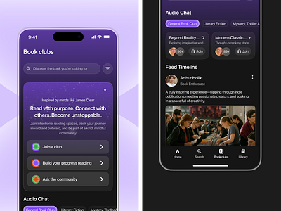 Foliana – Book Club Social App [Book Clubs] audio book best app design dark mode e library ebook ebook reader ebook search mobile mobile app mobile concept mobile ui mobile ui design mobile ux modern app ui reading search social app social book app social media app social media deign