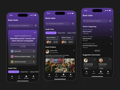Foliana – Book Club Social App [Book Clubs] audio book best app design dark mode e library ebook ebook reader ebook search mobile mobile app mobile concept mobile ui mobile ui design mobile ux modern app ui reading search social app social book app social media app social media deign
